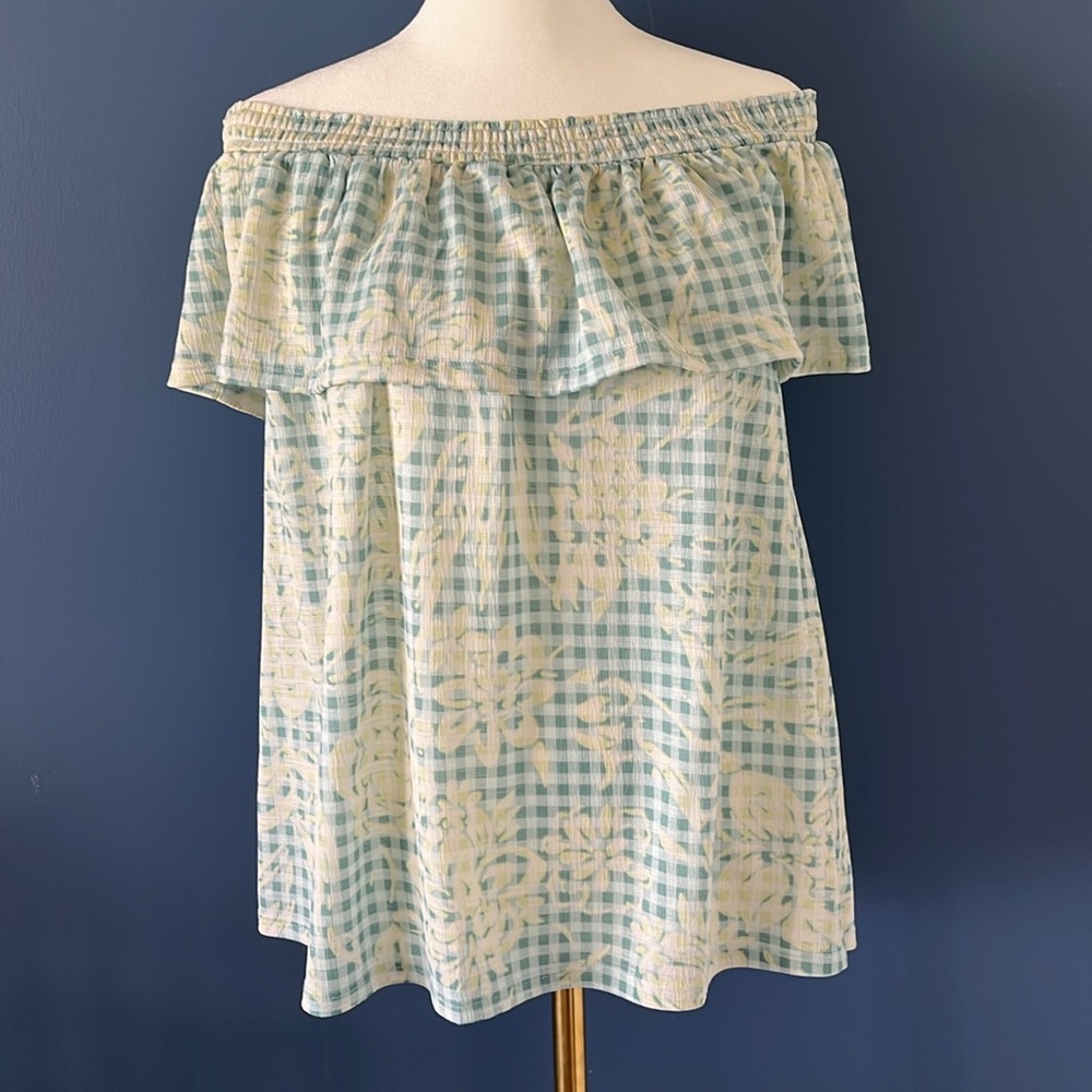 Lauren Conrad Breezy Top, off the shoulder, ruffle & neck smocking, mint/yellow